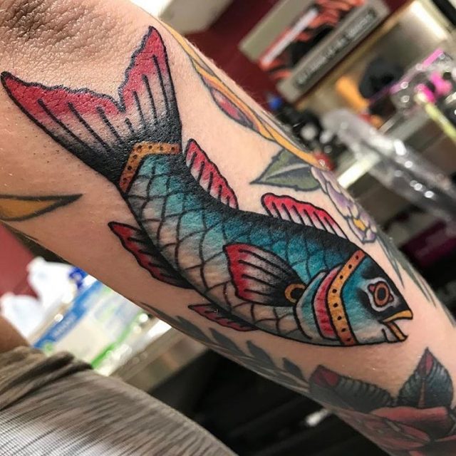 Traditional Koi Fish Tattoo On Right Sleeve