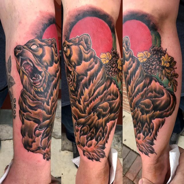 Japanese Bear Tattoo Bear wolves and maple leaves  Bear tattoo Bear tattoo  designs Tattoos