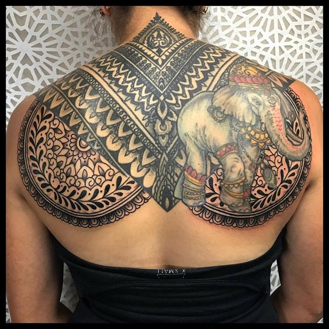 Geometric Elephant Head Tattoo On Full Back