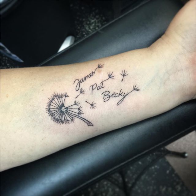 Matching dandelion seed and flying birds tattoo for