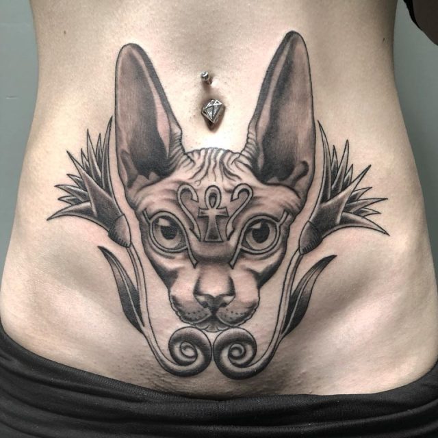 Tribal Cat on Stomach Tattoo Idea