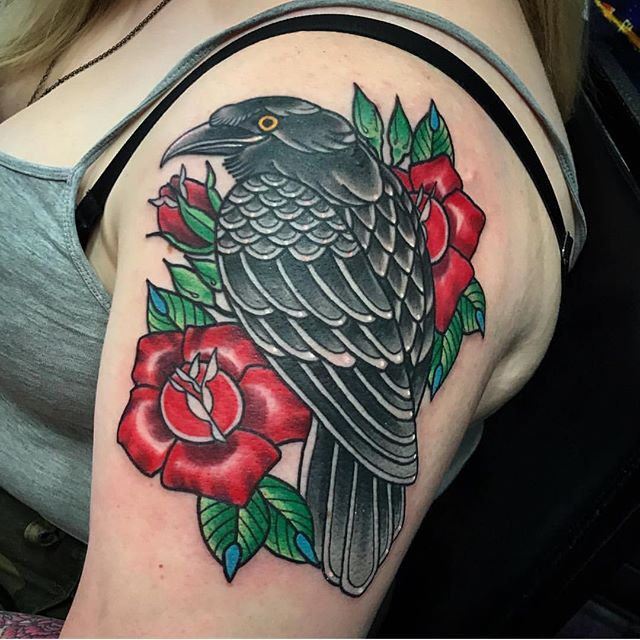 american traditional raven tattoo