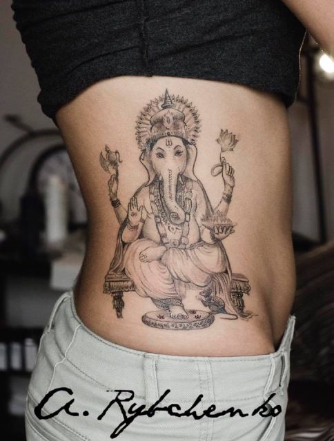 East Side Ink - By @joshualord ・・・ Ganesha tattoo on a mighty thigh.  Overcome obstacles, divine guide to arts and sciences. Open the flow of  finance and ideas. —————————————————————- #jains #buddhist #ganesha #