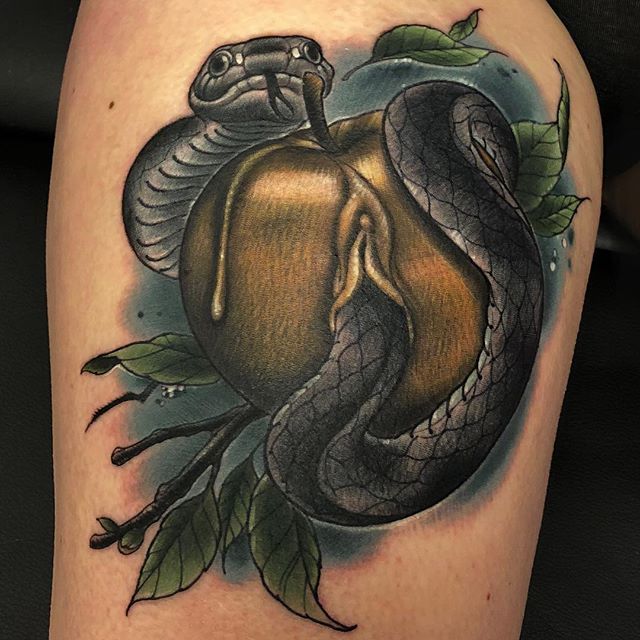 Forbidden Fruit  Roey at Pentagram Tattoo Israel  Black and Grey Tattoo   Big Tattoo Planet