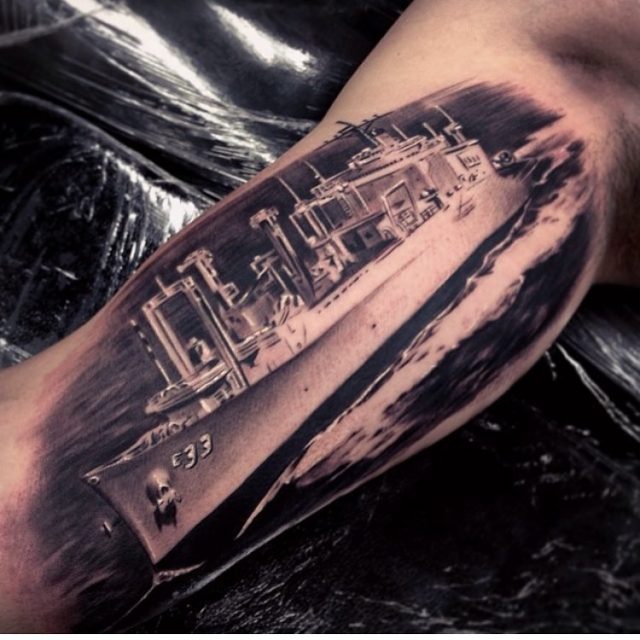 Shoulder tattoo of a navy carrier on stormy sea on Craiyon