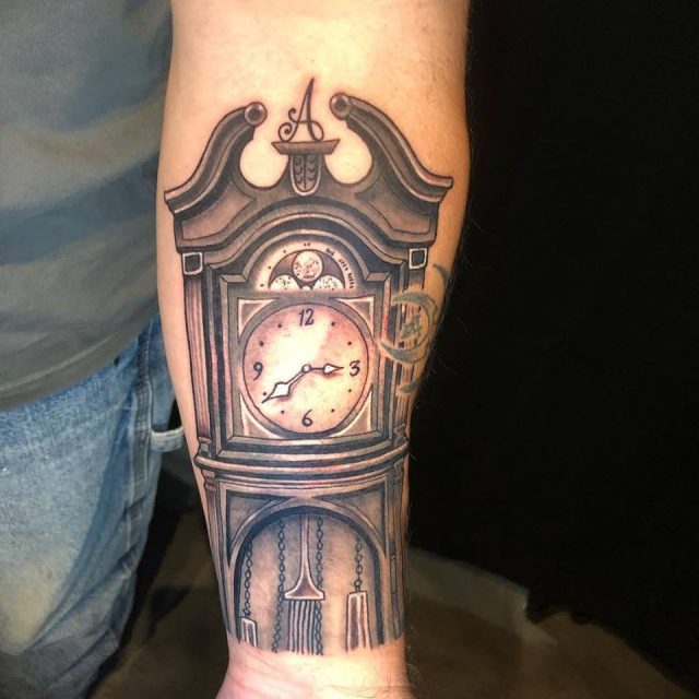 Old Grey Ink Grandfather Clock And Tree Tattoos On Thigh  Truetattoos