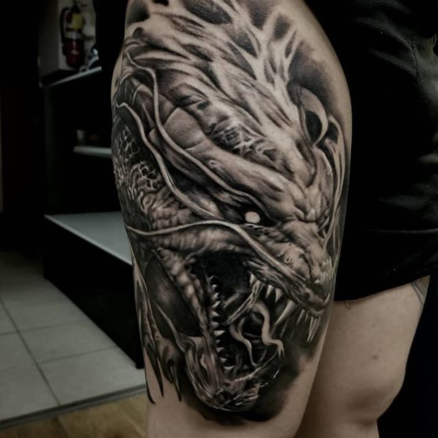 First major thigh piece by Libby Guy Tattoos at Illustrated Man Studio  Sydney Australia inspired by Nordic mythological creature Eikthyrnir Stag  of the World Tree  rtattoos